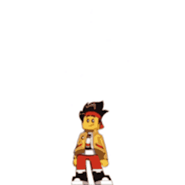 a lego character is jumping in the air with his arms outstretched .