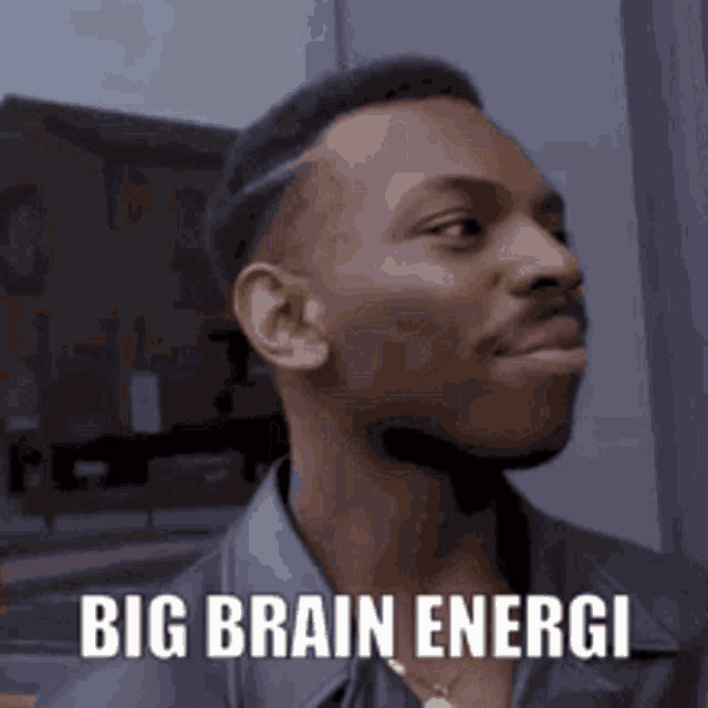 a man in a leather jacket is looking up at the sky with the words `` big brain energi '' written on the bottom .