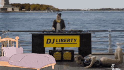 a cartoon drawing of a dj liberty sign