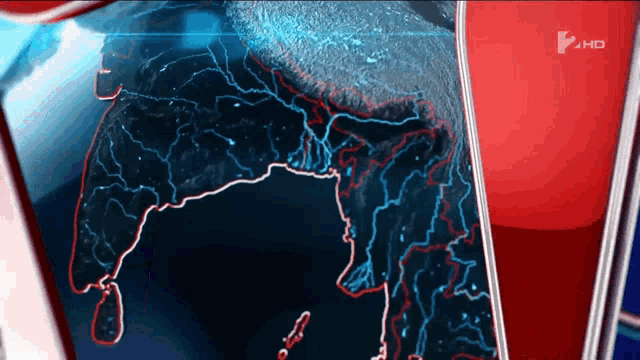 a tv screen shows a map of the world with a red f on the bottom