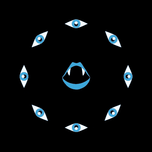 a vampire 's mouth is surrounded by many blue eyes