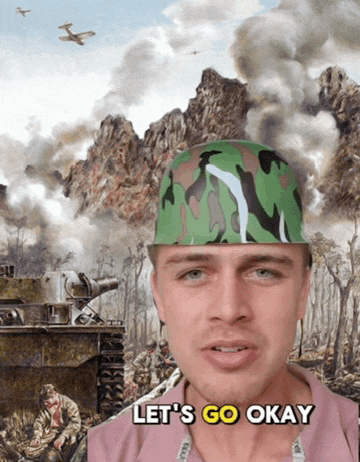 a man wearing a camouflage helmet says " let 's go okay "