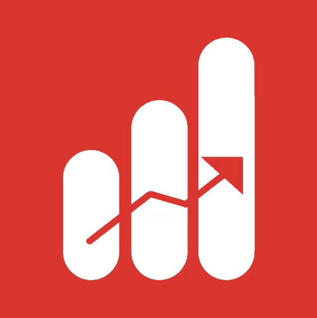a red background with a white icon of a bar graph with an arrow pointing up