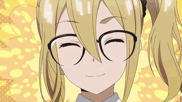 a girl with blonde hair and glasses is making a funny face