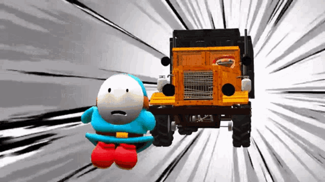 a cartoon character wearing a blue shirt and red pants is standing in front of a truck with the word jeep on it