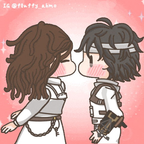 a cartoon of a man and a woman kissing with ig @ fluffy_ahmo on the bottom right