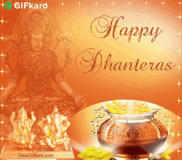 a happy dhanteras greeting card with a pot of gold coins