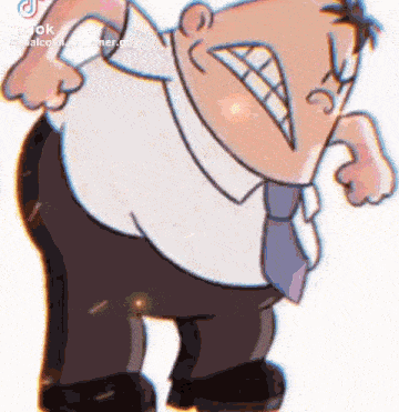 a cartoon man in a white shirt and tie is standing with his hands in his pockets and making a funny face .