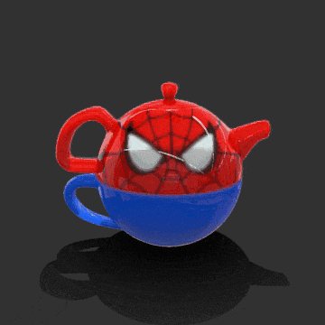 a spider man teapot is pouring a cup of tea