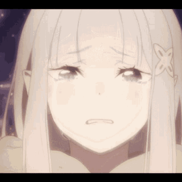 a girl with white hair and a flower on her head is crying