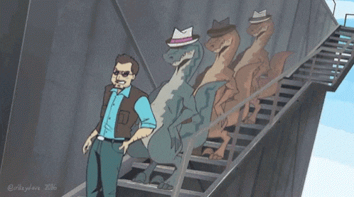 a cartoon of a man and three dinosaurs standing on stairs .