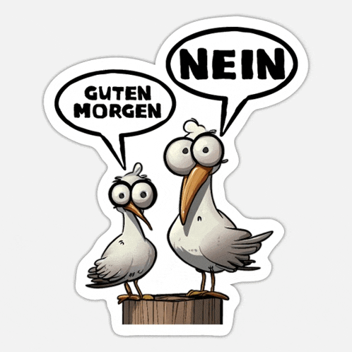 two seagulls are standing next to each other with speech bubbles saying guten morgen and nein