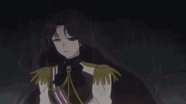 a girl with long black hair and gold epaulettes