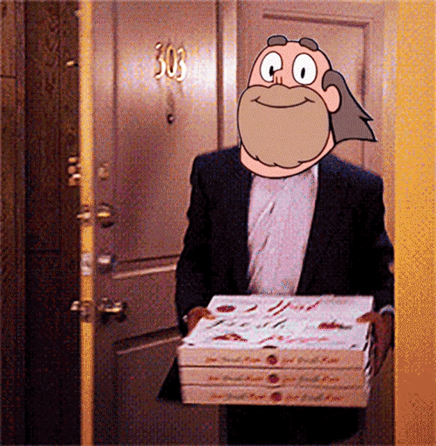 a man with a beard is carrying a stack of pizza boxes