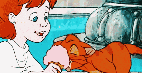 a cartoon of a girl eating ice cream next to a cat