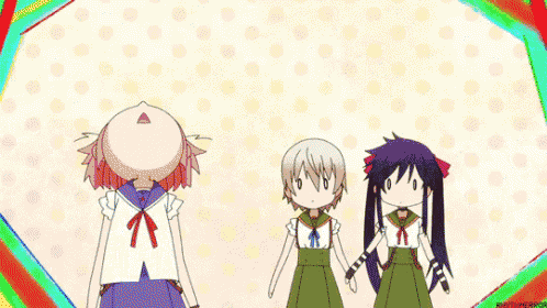 a group of anime girls are standing next to each other in front of a rainbow background .