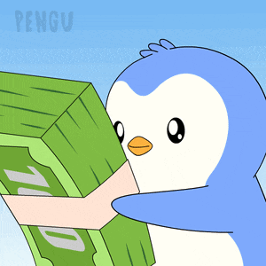 a cartoon of a penguin holding a stack of money with the word pengu on the bottom
