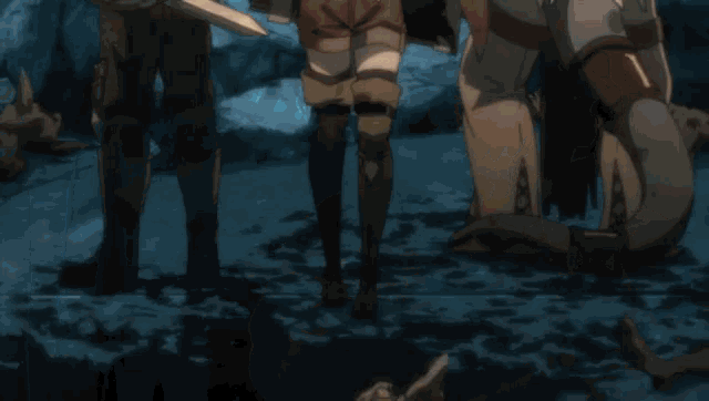 a group of cartoon characters standing next to each other with one holding a sword