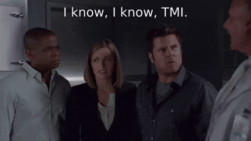 a group of people standing next to each other with the words " i know , i know , tmi " above them