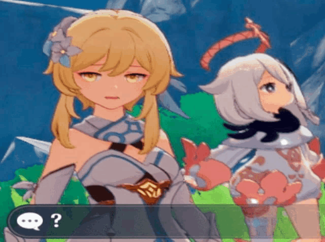 two anime girls are standing next to each other with a speech bubble that says " ? "