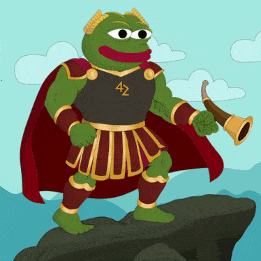 a cartoon of a frog wearing armor and holding a horn with the letter az on his chest