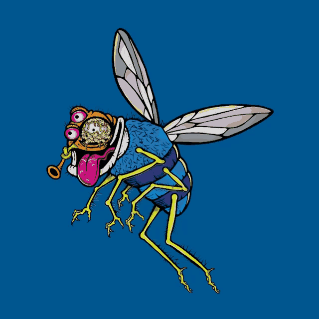 a cartoon drawing of a fly with a tongue sticking out