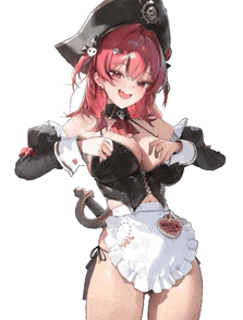 a girl with red hair is wearing a pirate costume