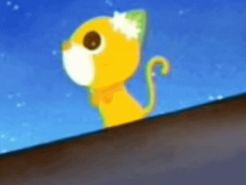 a cartoon cat with a green tail is looking out a window