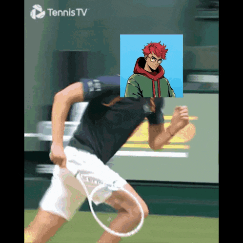 a man is holding a tennis racquet with a picture of a man on his head