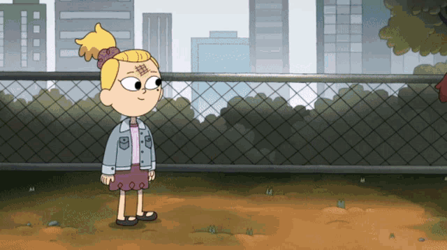 a cartoon girl with a tattoo on her forehead stands in front of a chain link fence