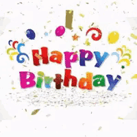 a colorful happy birthday card with balloons and confetti