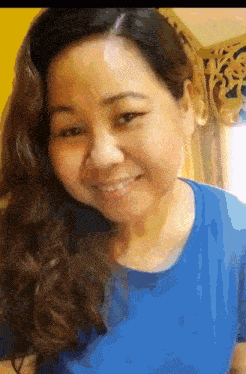 a woman with long hair wearing a blue shirt smiles for the camera