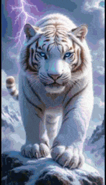 a painting of a white tiger with blue eyes standing on a rock