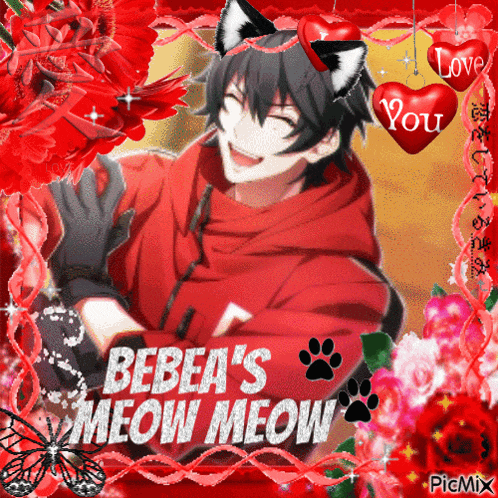 a picture of a boy with cat ears and the words " bebea 's meow meow " on it