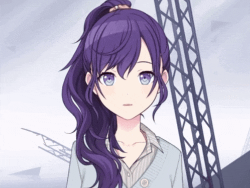a girl with purple hair and blue eyes is standing in front of a tower
