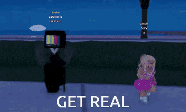 a girl in a pink dress is standing next to a man with a tv on his head and the words get real on the bottom