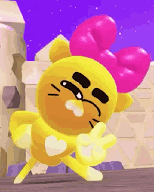 a yellow cartoon character with a pink bow on her head is giving a peace sign .