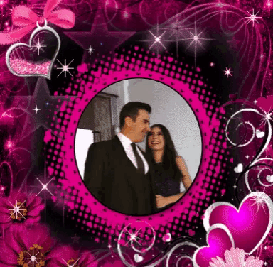 a picture of a man and woman in a pink frame with hearts