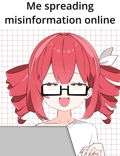 a girl with red hair and glasses is sitting in front of a laptop with the words me spreading misinformation online below her