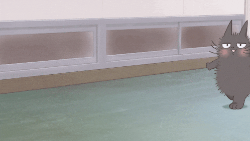 a cartoon cat is standing on its hind legs in a room