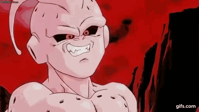 a close up of a cartoon character with a very angry face and a red background .