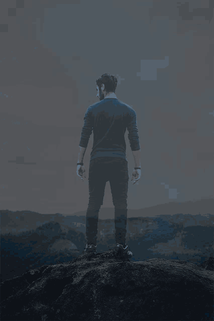 a man in a black shirt stands on a rock in front of a blue sky
