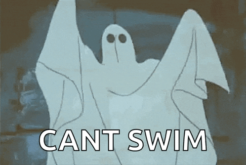 a cartoon of a ghost with wings and the words `` cant swim '' written below it .