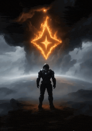 a man in a space suit is standing in front of a glowing diamond