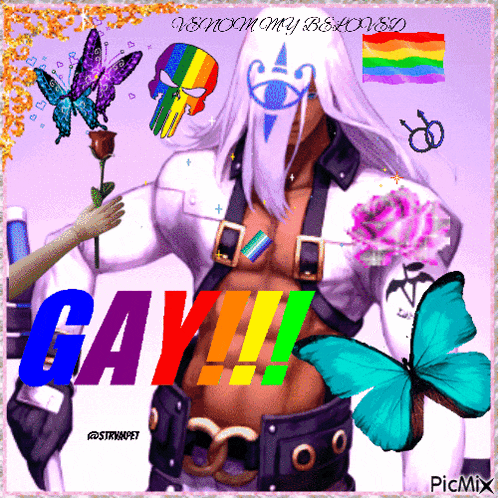 a picture of a man surrounded by butterflies and the word gay on it