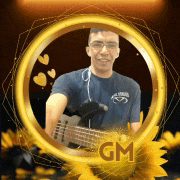 a man is holding a guitar in a gold circle with gm written on it .