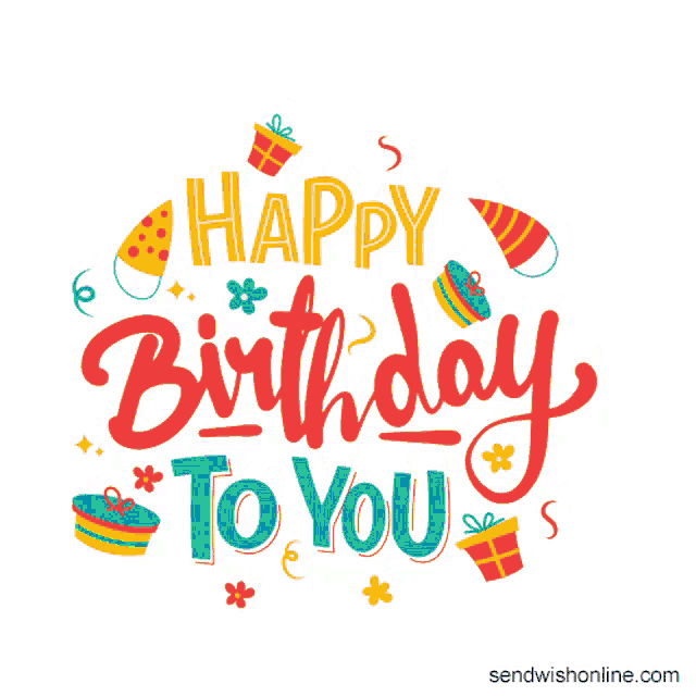 a happy birthday to you greeting card with gifts and party hats