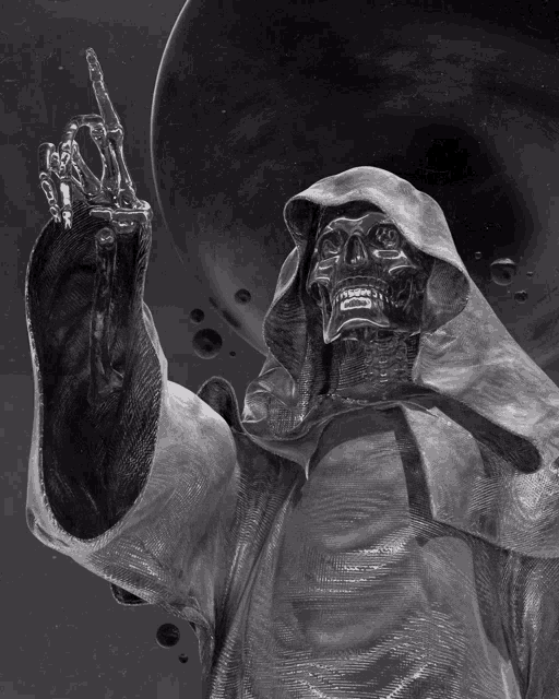 a statue of a grim reaper in a hooded robe giving the middle finger