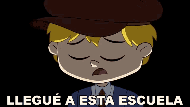 a cartoon of a boy wearing a hat with the words llegue a esta escuela below it