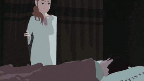 a cartoon drawing of a woman standing next to a man in bed